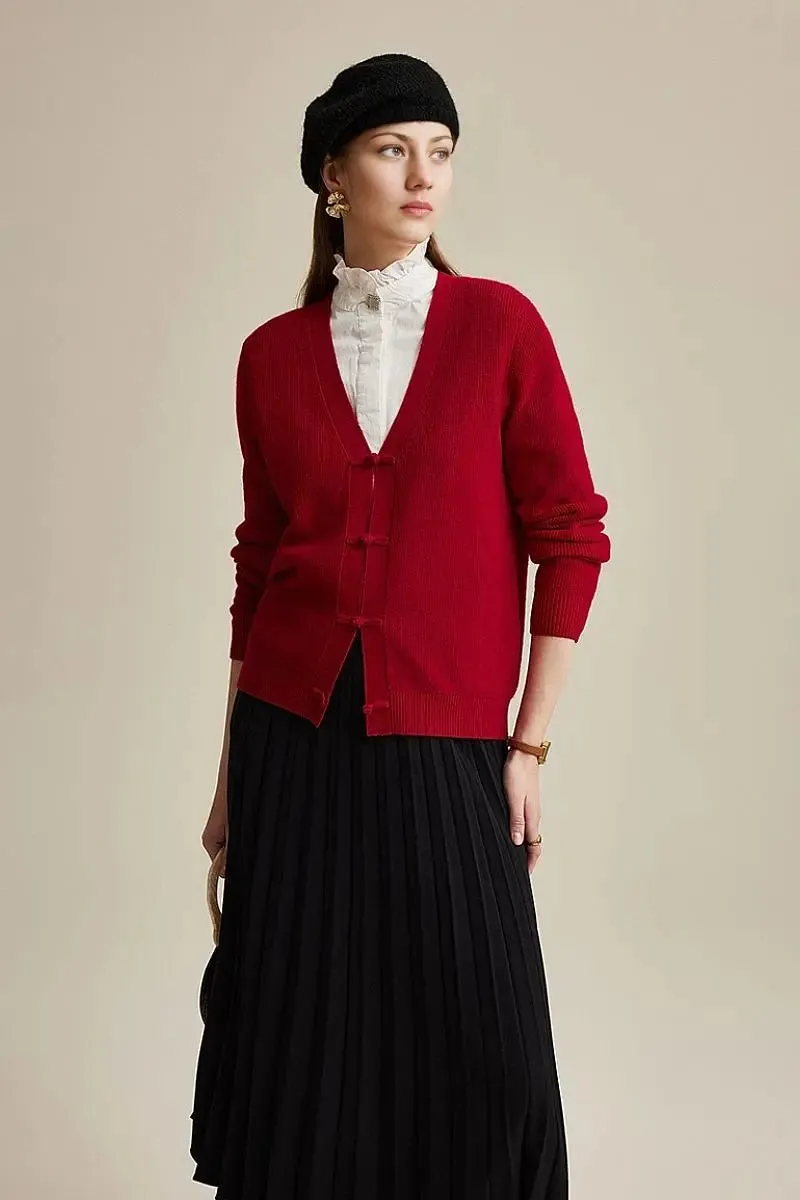 100 Wool V Neck Cardigan with Knot Button