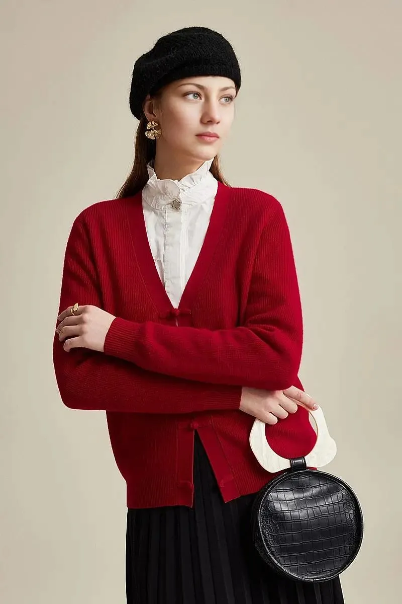 100 Wool V Neck Cardigan with Knot Button