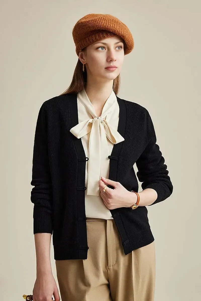 100 Wool V Neck Cardigan with Knot Button