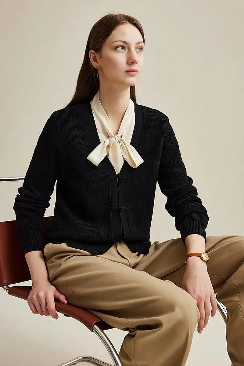 100 Wool V Neck Cardigan with Knot Button