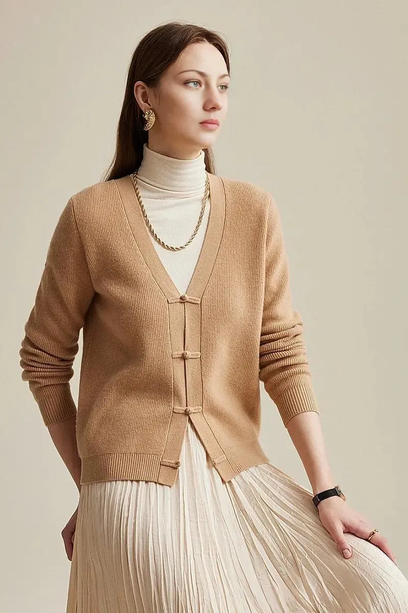 100 Wool V Neck Cardigan with Knot Button