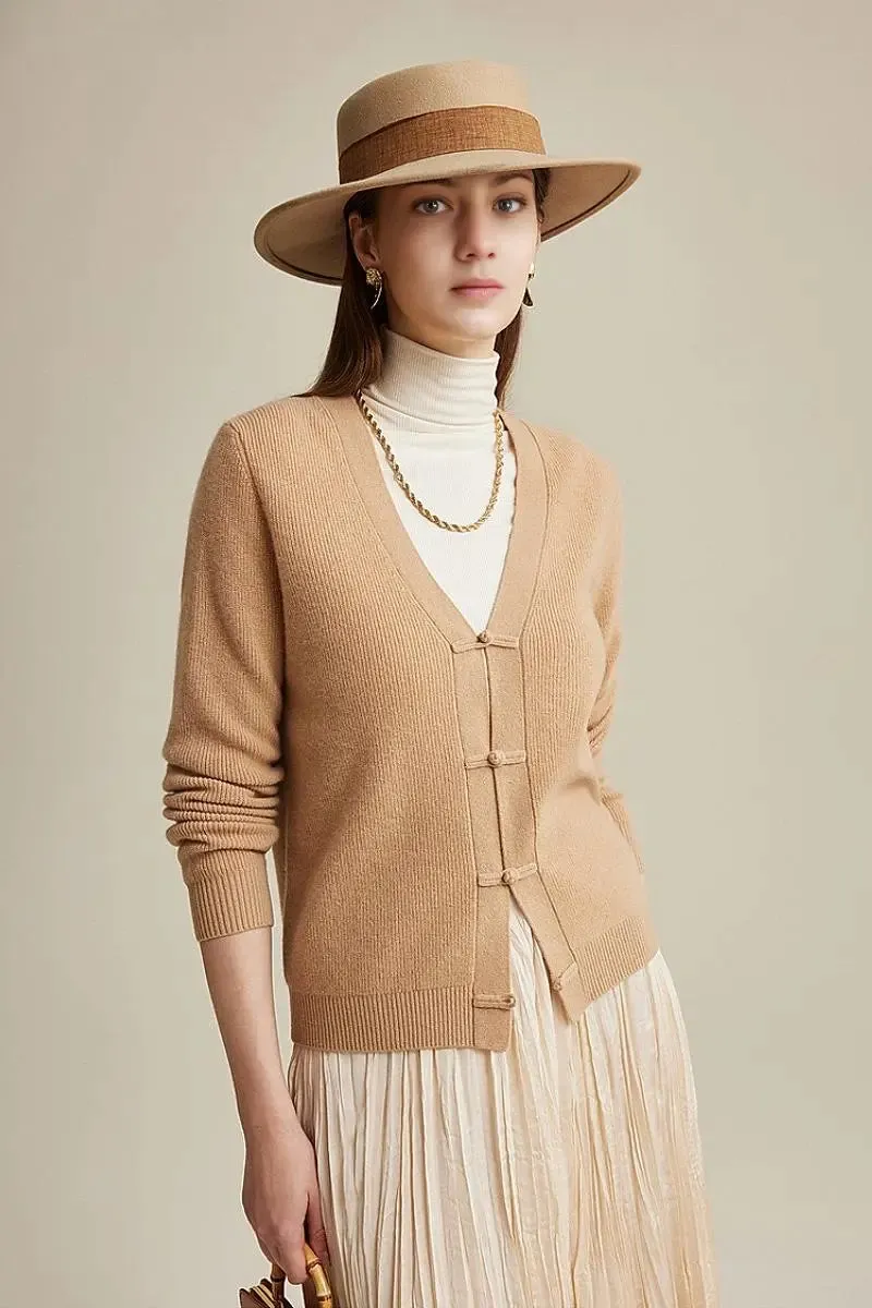 100 Wool V Neck Cardigan with Knot Button