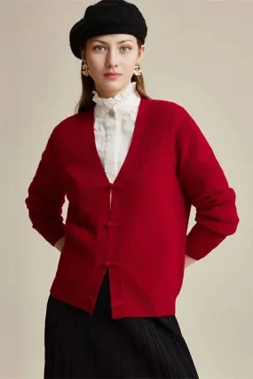 100 Wool V Neck Cardigan with Knot Button