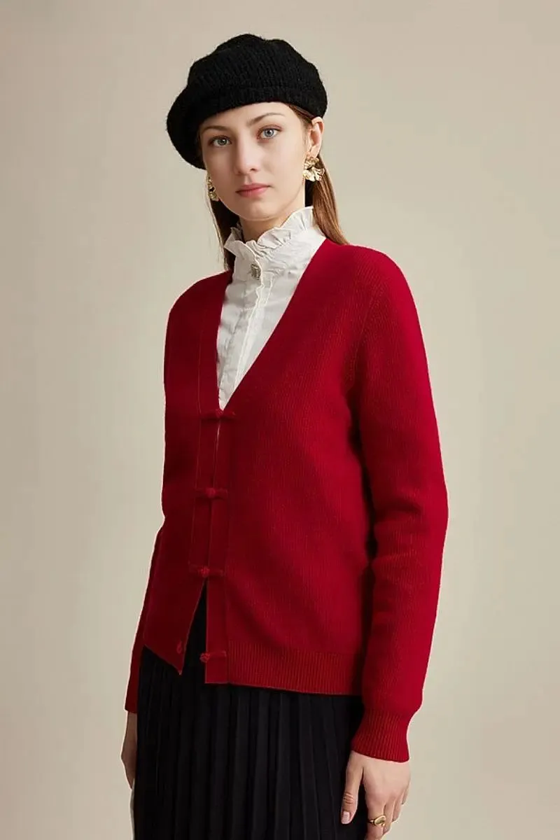 100 Wool V Neck Cardigan with Knot Button