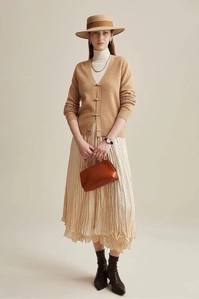 100 Wool V Neck Cardigan with Knot Button