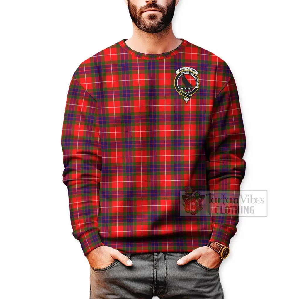 Abernethy Tartan Sweatshirt with Family Crest and Bearded Skull Holding Bottles of Whiskey