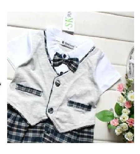 Baby Romper Button Down Vest Bow Tie Formal Tuxedo Romper
