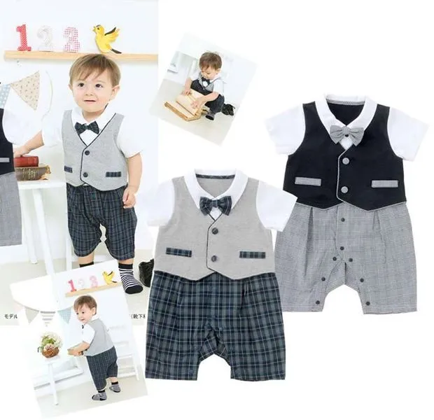 Baby Romper Button Down Vest Bow Tie Formal Tuxedo Romper