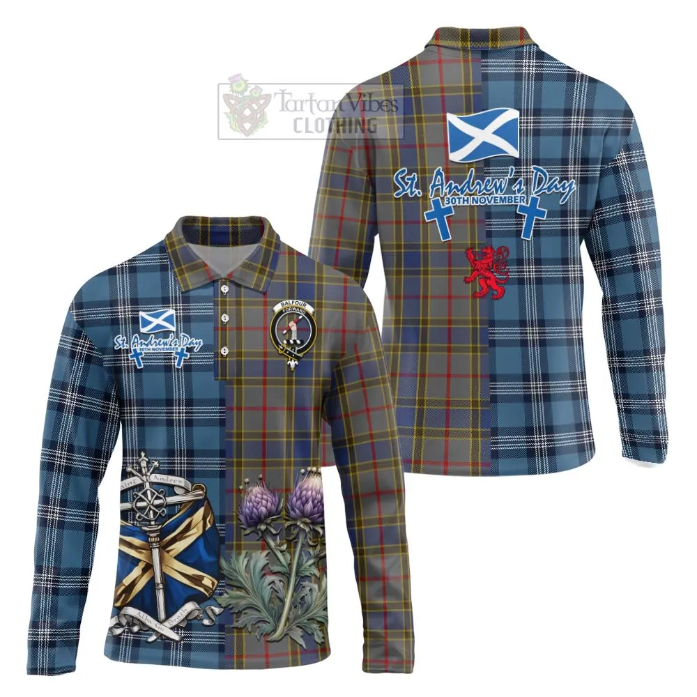 Balfour Tartan Long Sleeve Polo Shirt Happy St. Andrew's Day Half Tartan Style