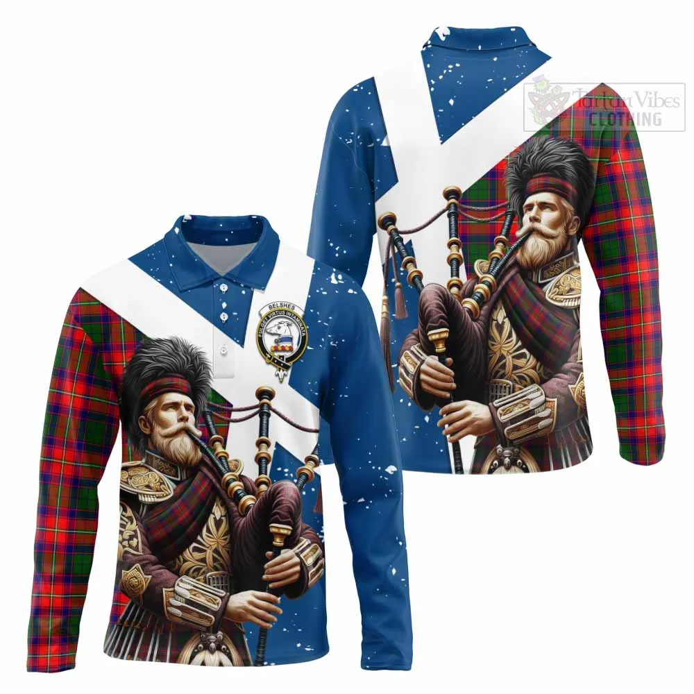 Belshes (Belsches) Tartan Long Sleeve Polo Shirt with Family Crest Scottish Bagpiper Vibes