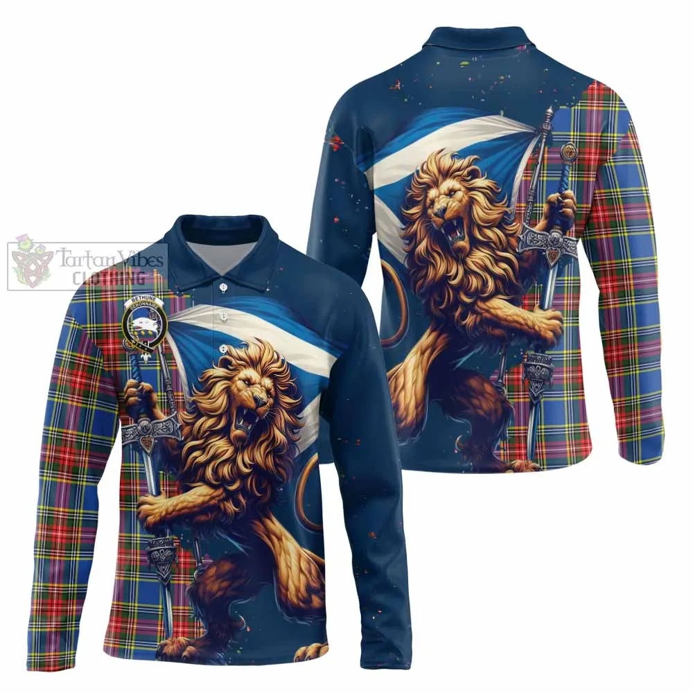 Bethune Tartan Family Crest Long Sleeve Polo Shirt with Scottish Majestic Lion
