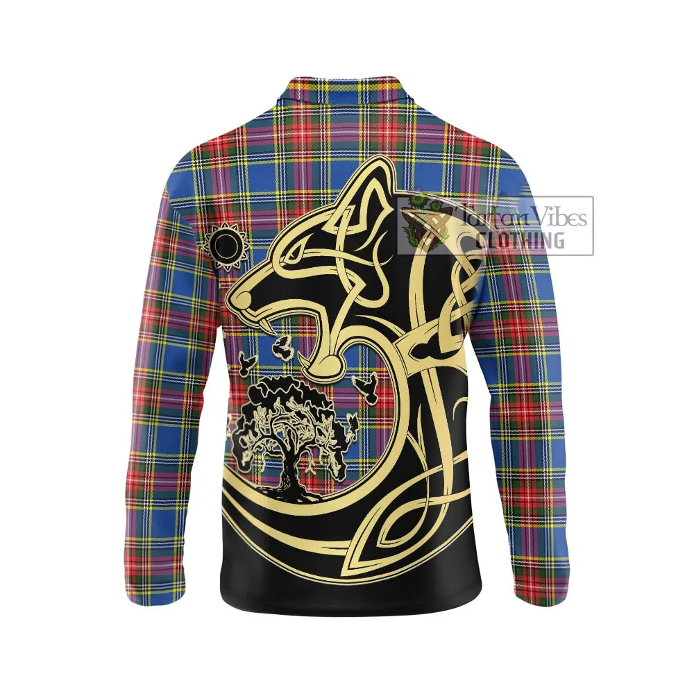 Bethune Tartan Long Sleeve Polo Shirt with Family Crest Celtic Wolf Style