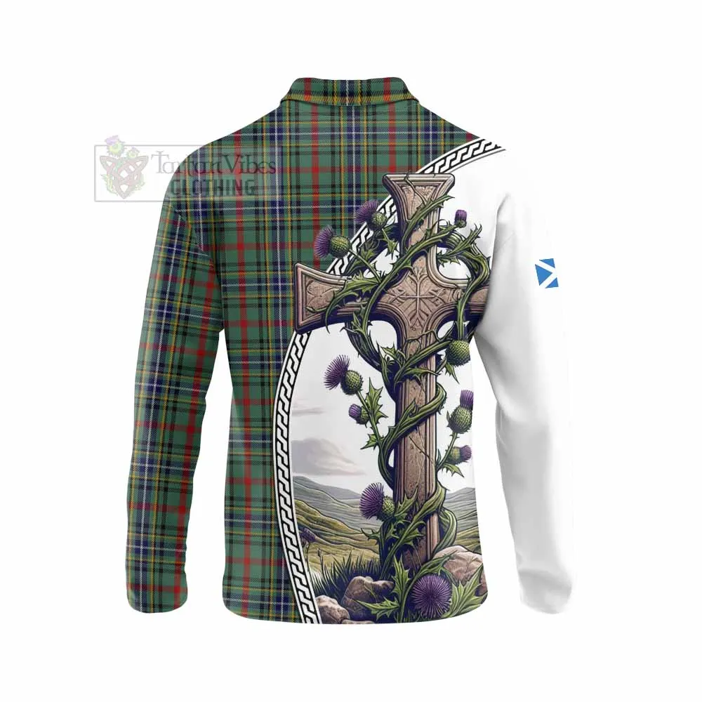 Bisset Tartan Long Sleeve Polo Shirt with Family Crest and St. Andrew's Cross Accented by Thistle Vines