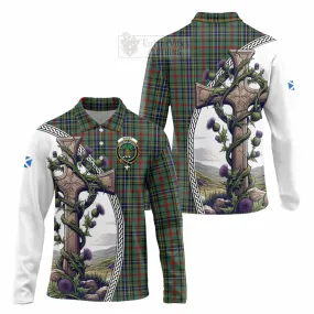 Bisset Tartan Long Sleeve Polo Shirt with Family Crest and St. Andrew's Cross Accented by Thistle Vines