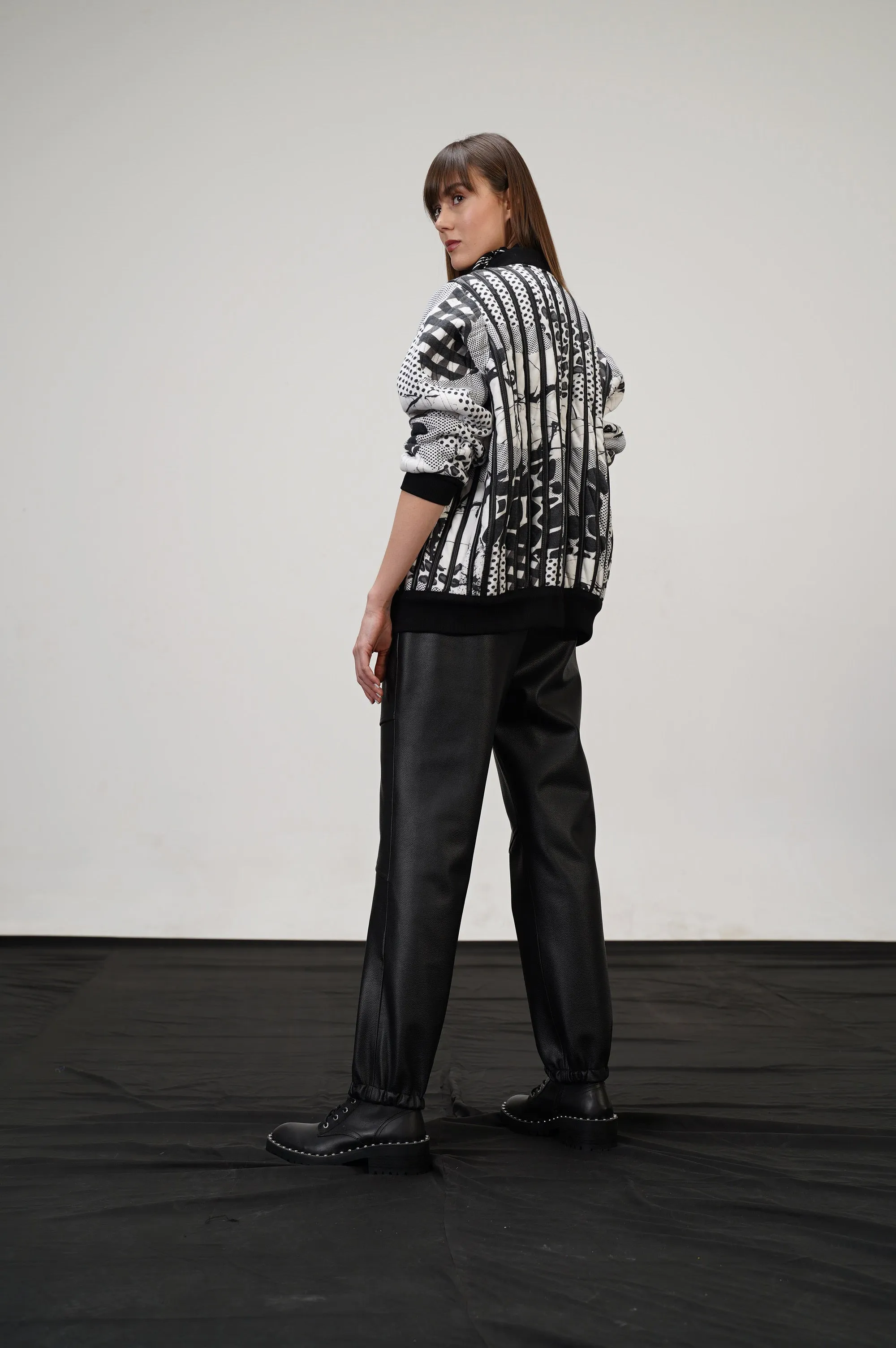Black And White Collage Of Notions Leather Striped Bomber Set
