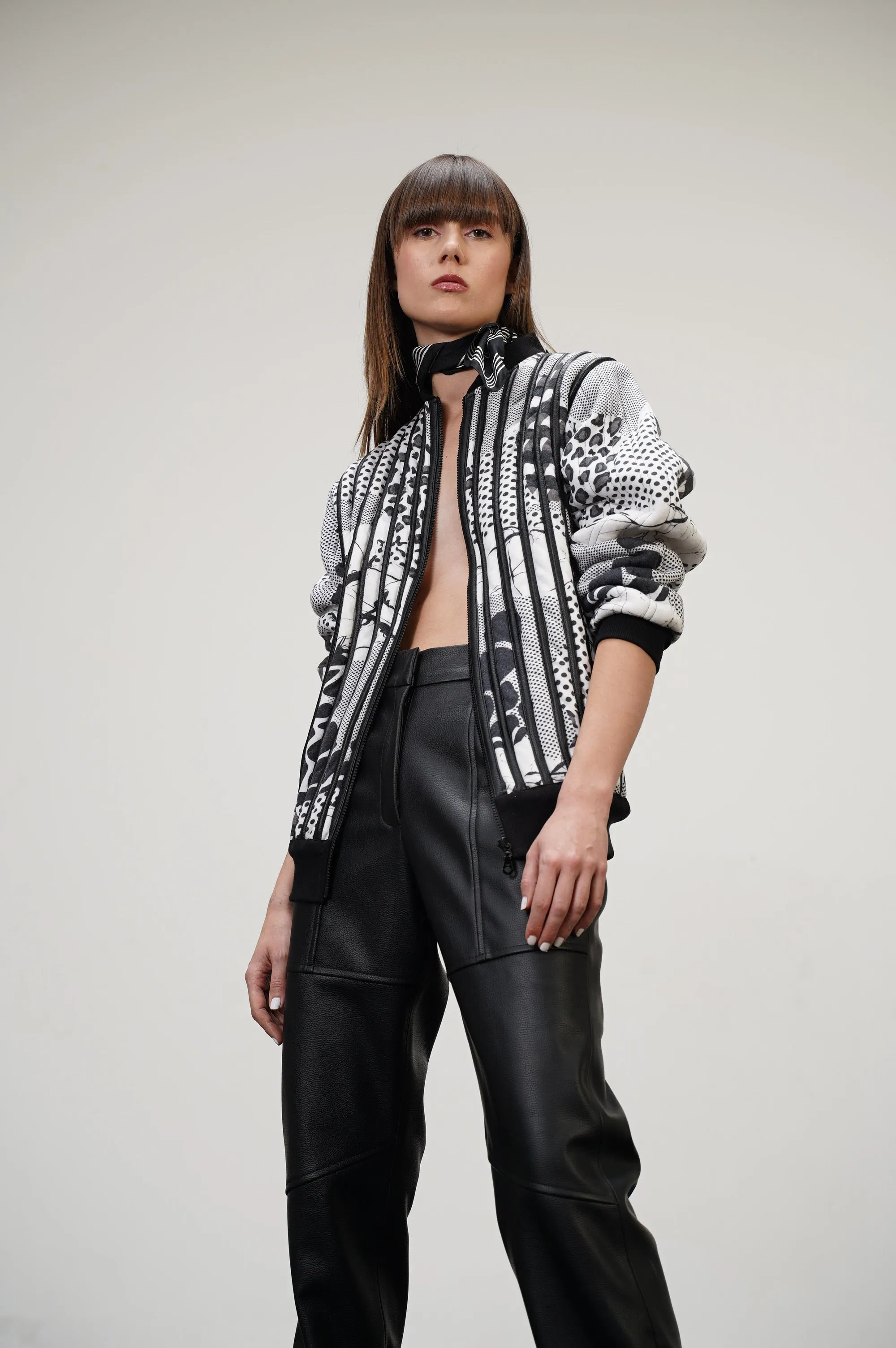 Black And White Collage Of Notions Leather Striped Bomber Set