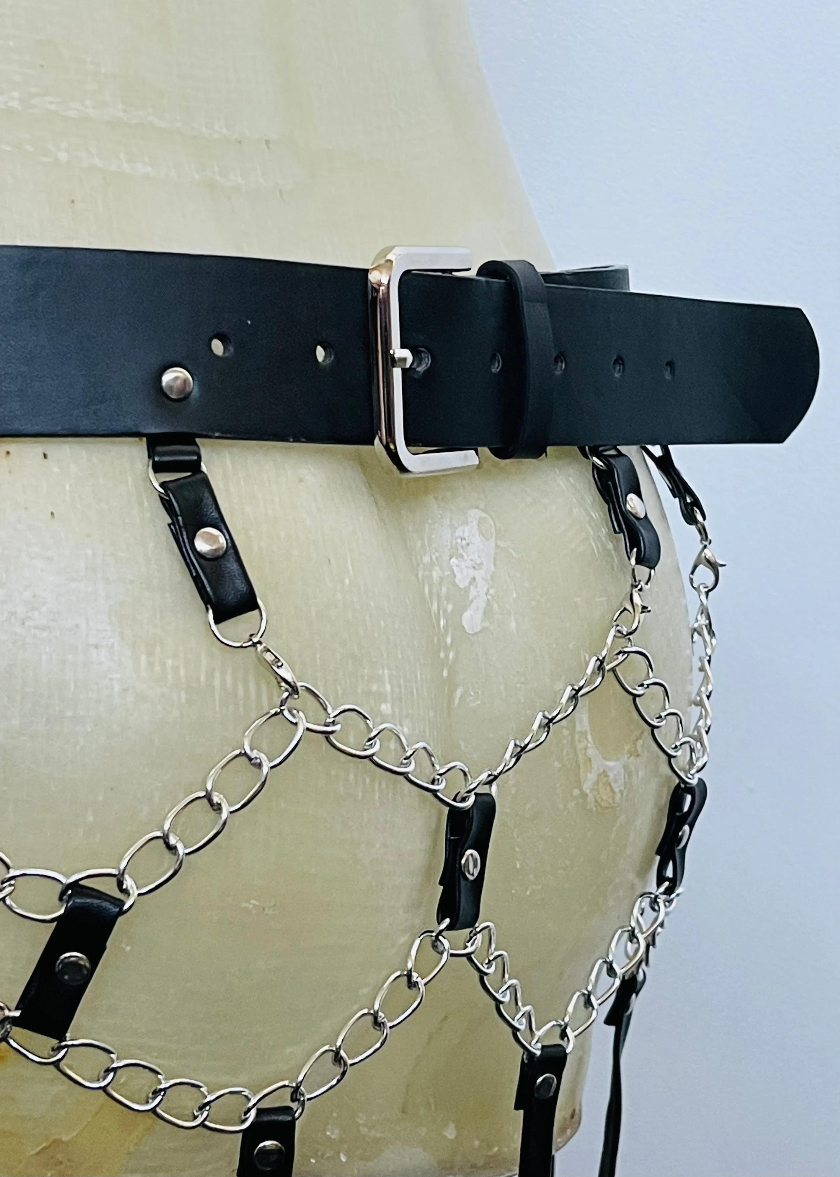 Black Faux Leather Chain Harness Skirt
