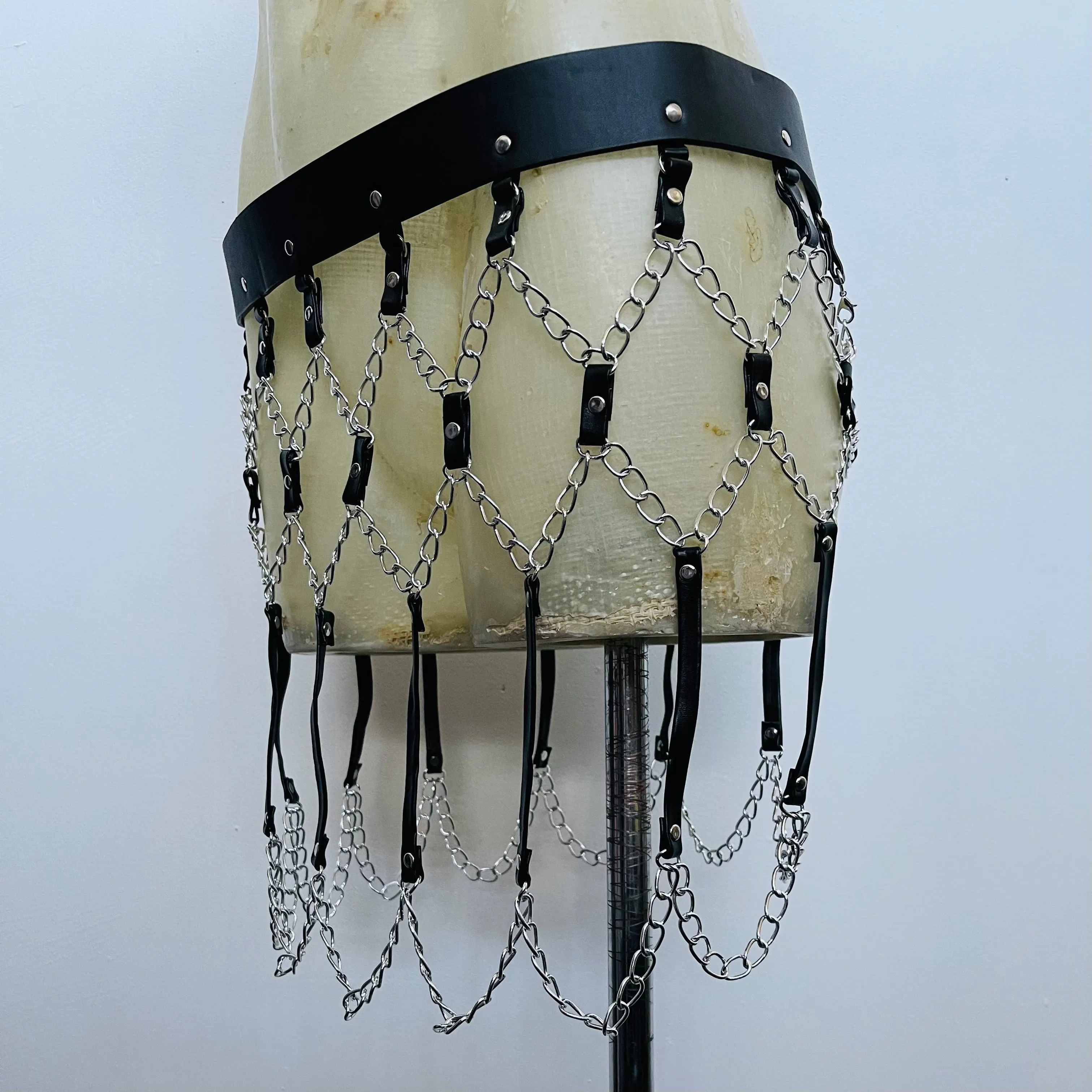 Black Faux Leather Chain Harness Skirt