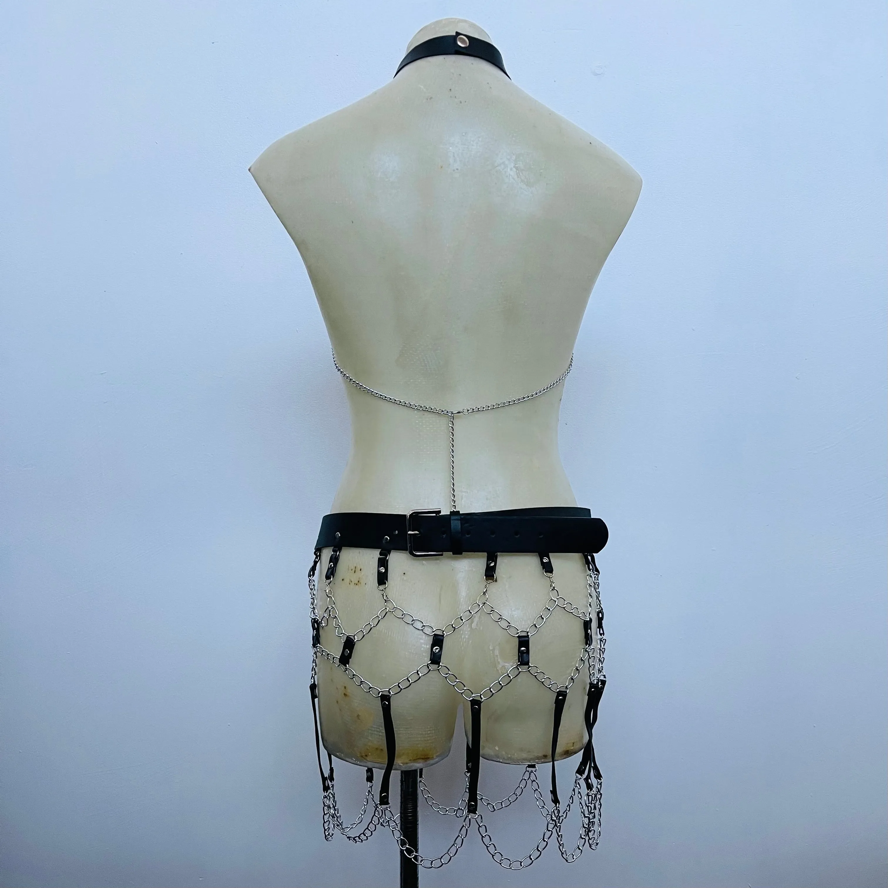 Black Faux Leather Chain Harness Skirt