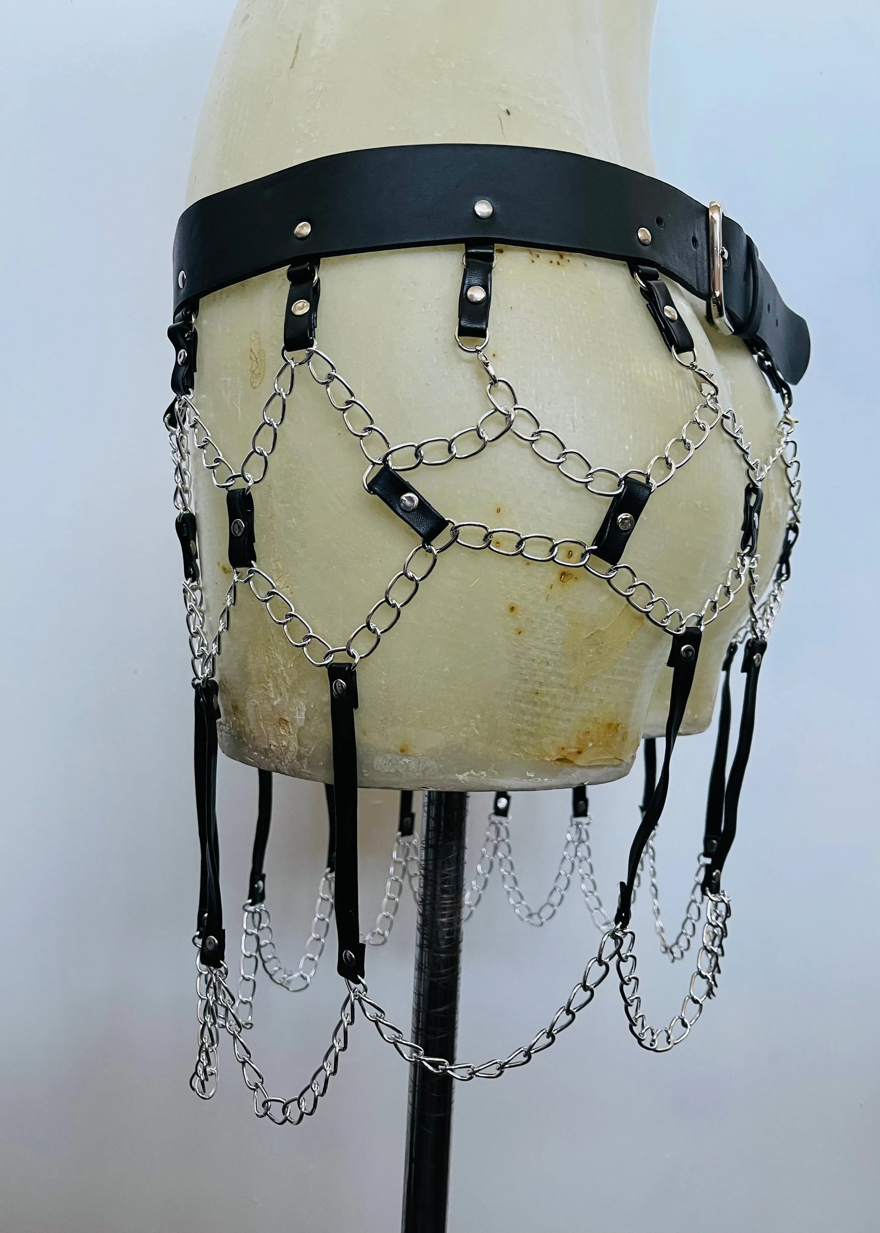 Black Faux Leather Chain Harness Skirt