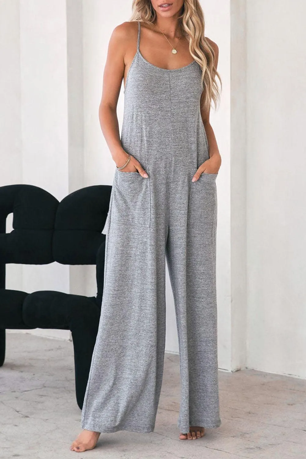 Black Loose Fit Side Pockets Spaghetti Strap Wide Leg Jumpsuit