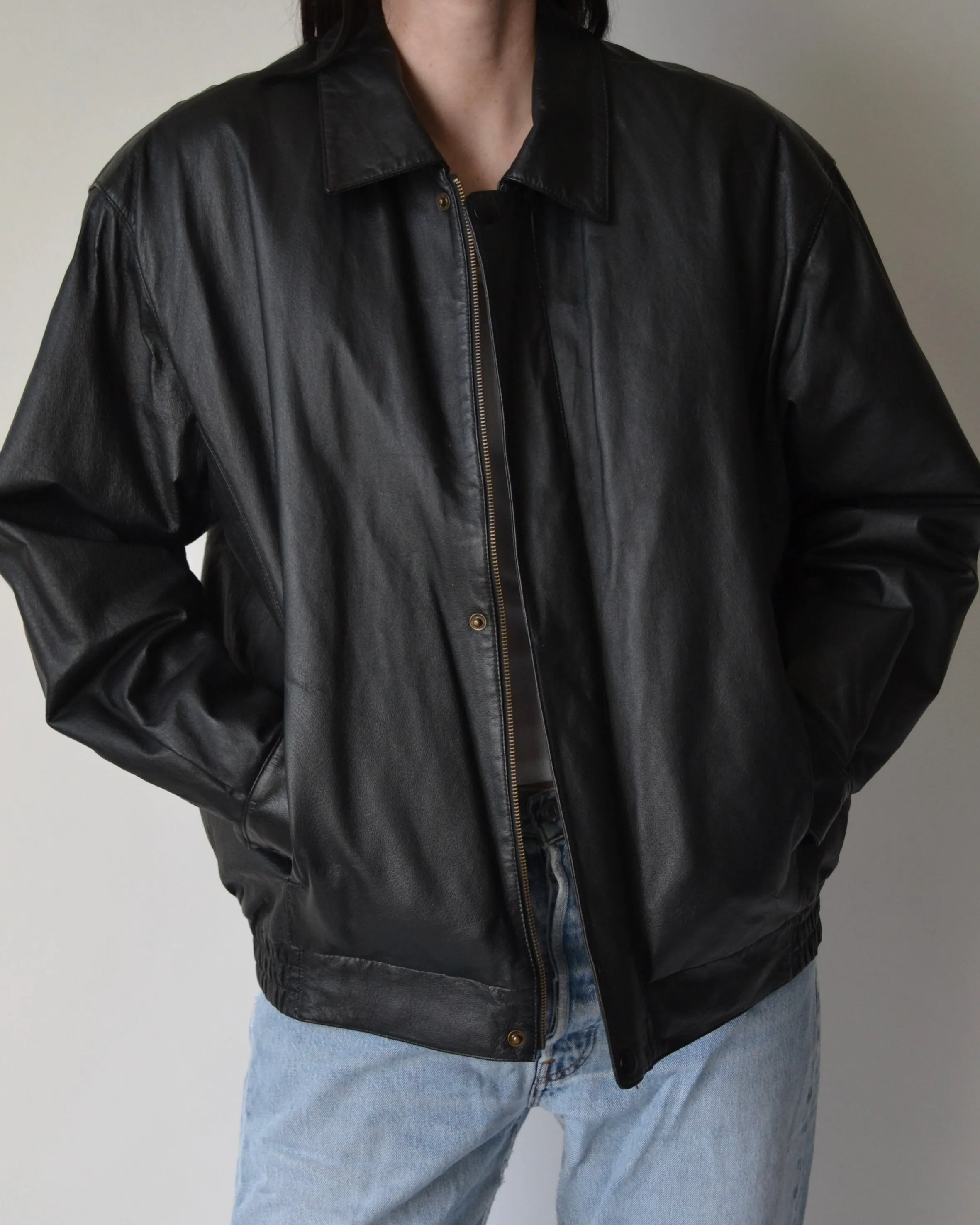 Black Vintage Leather Bomber Jacket
