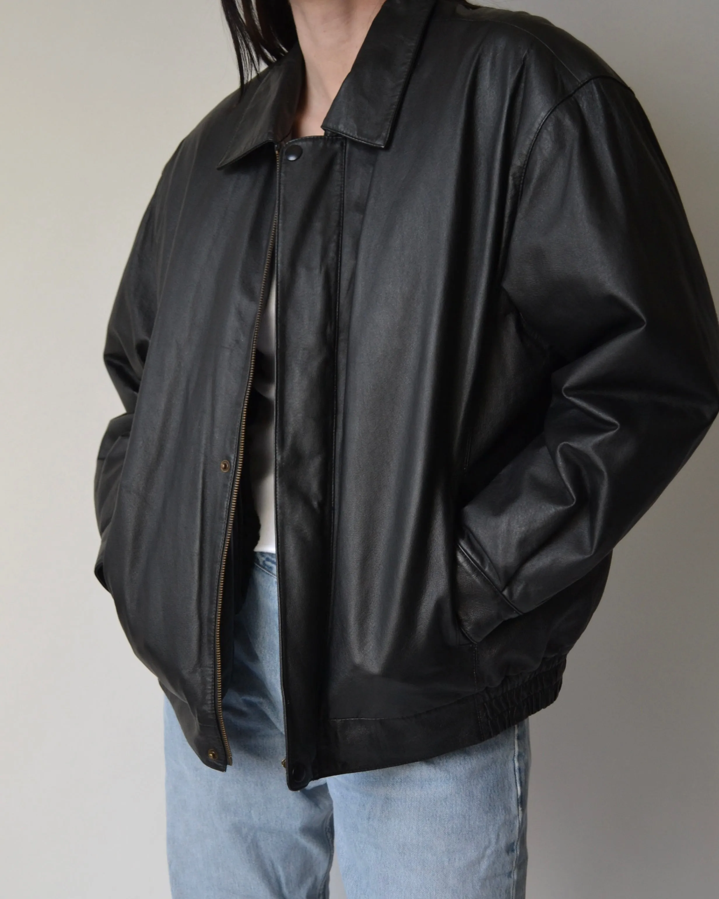 Black Vintage Leather Bomber Jacket