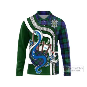 Black Watch Modern Tartan Long Sleeve Polo Shirt with Epic Bagpipe Style