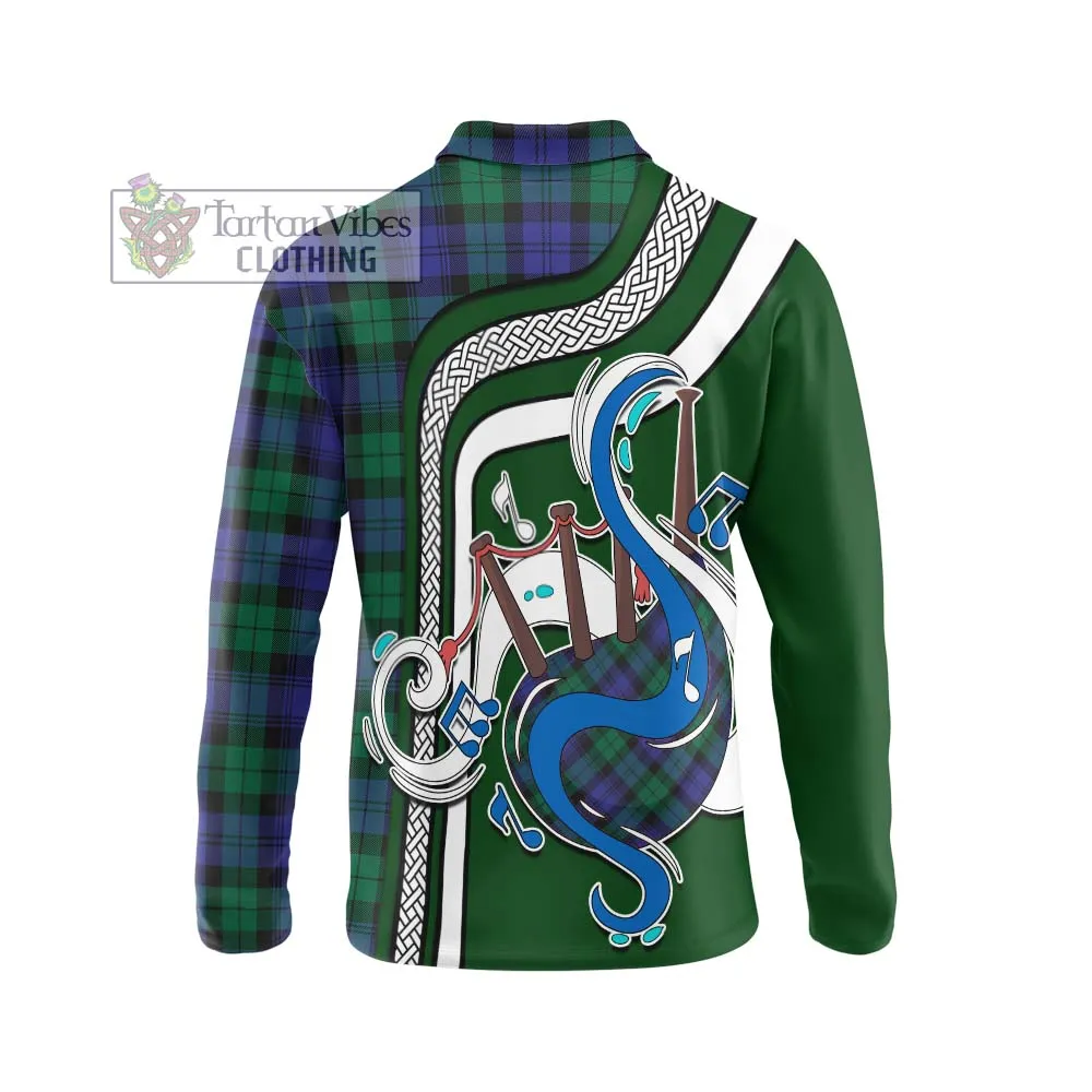 Black Watch Modern Tartan Long Sleeve Polo Shirt with Epic Bagpipe Style