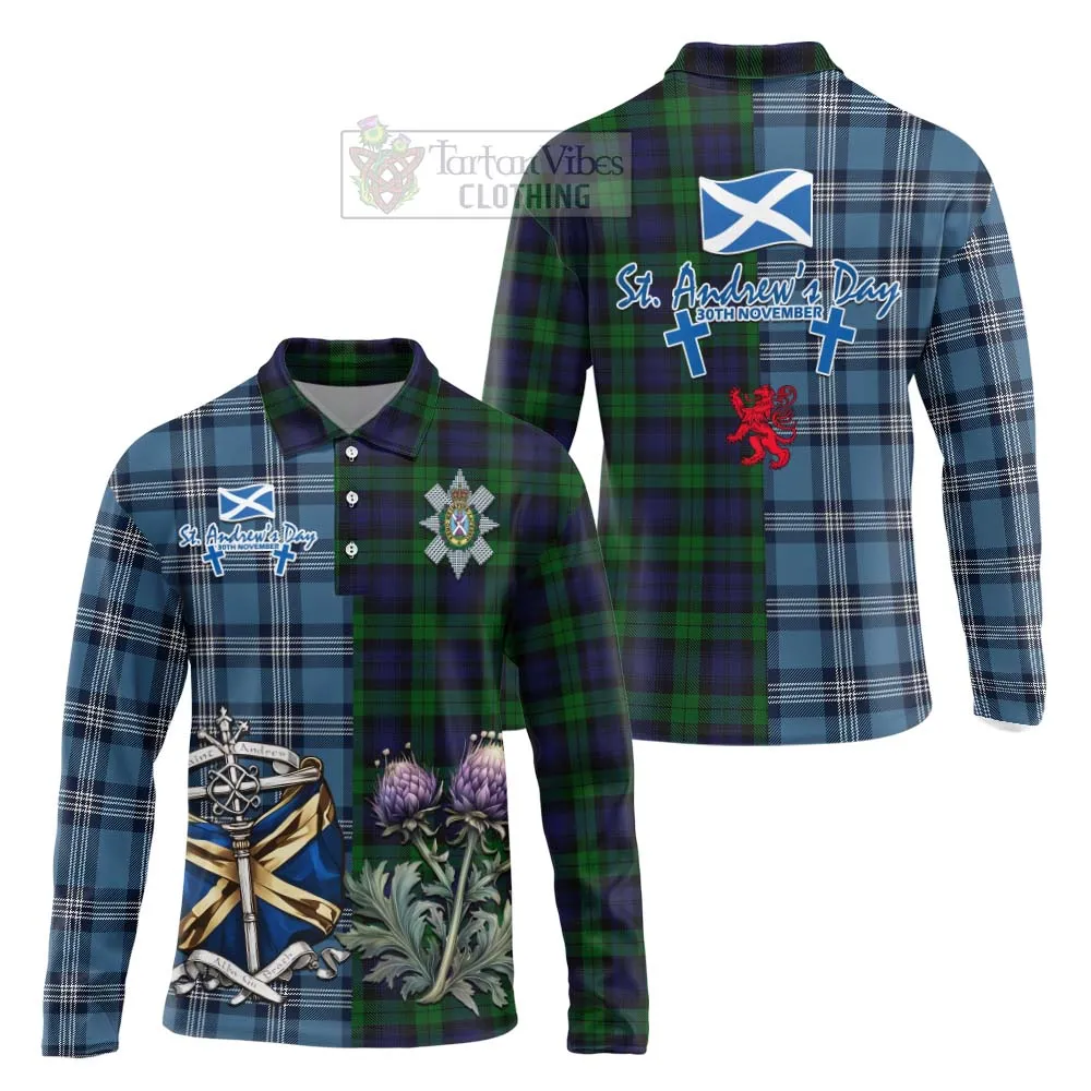 Black Watch Tartan Long Sleeve Polo Shirt Happy St. Andrew's Day Half Tartan Style