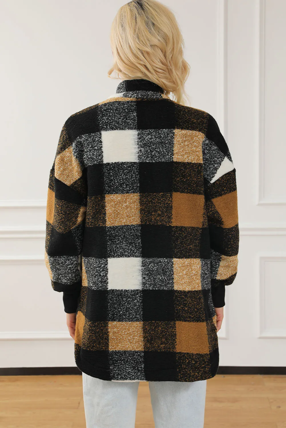 Black Zipper Side Pockets Plaid Overcoat