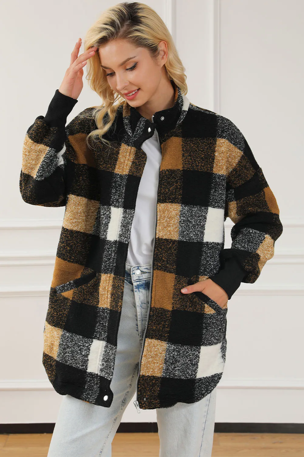 Black Zipper Side Pockets Plaid Overcoat