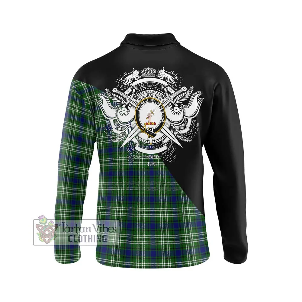 Blackadder Tartan Long Sleeve Polo Shirt with Family Crest and Military Logo Style