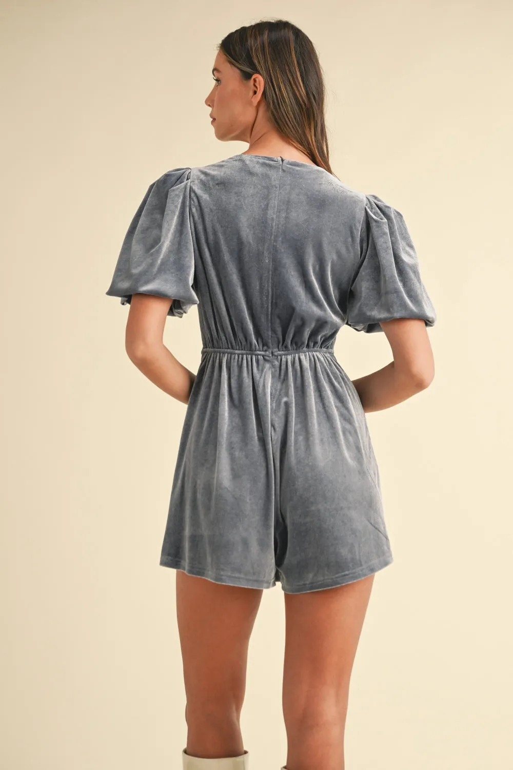 Blue Zone Planet |  Mable Jewel Bow Decor Puff Sleeve Velvet Romper
