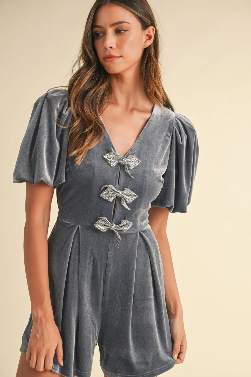 Blue Zone Planet |  Mable Jewel Bow Decor Puff Sleeve Velvet Romper