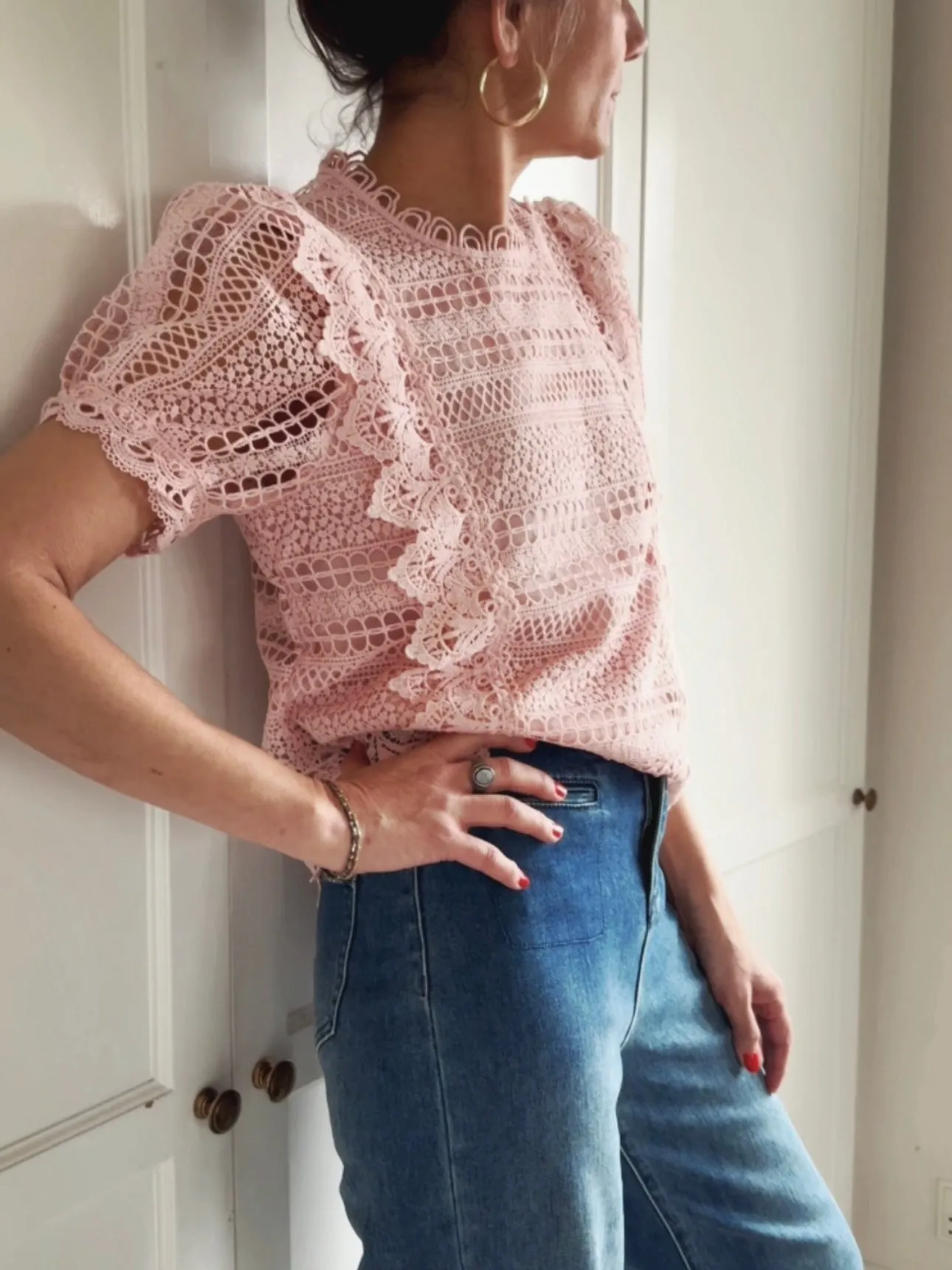 BRODERIE ANGLAISE SHORT SLEEVE TOP - PINK