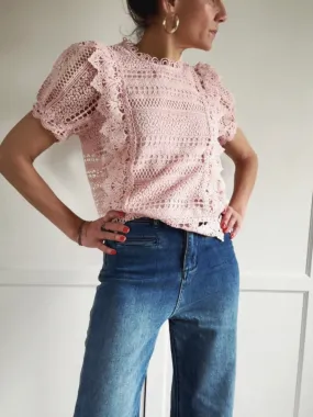 BRODERIE ANGLAISE SHORT SLEEVE TOP - PINK