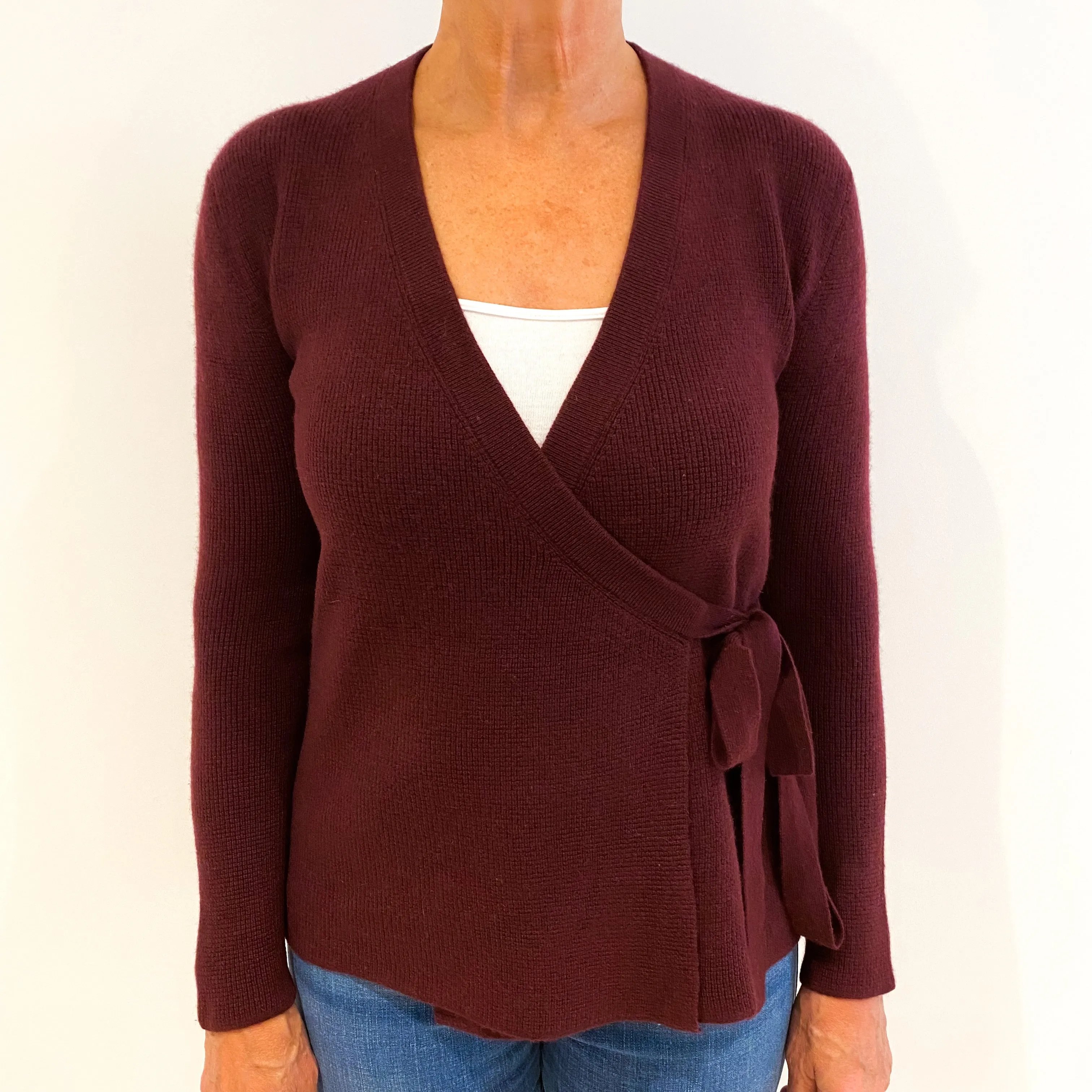 Burgundy Red Ribbed Cashmere Crossover Tie Up Cardigan Medium
