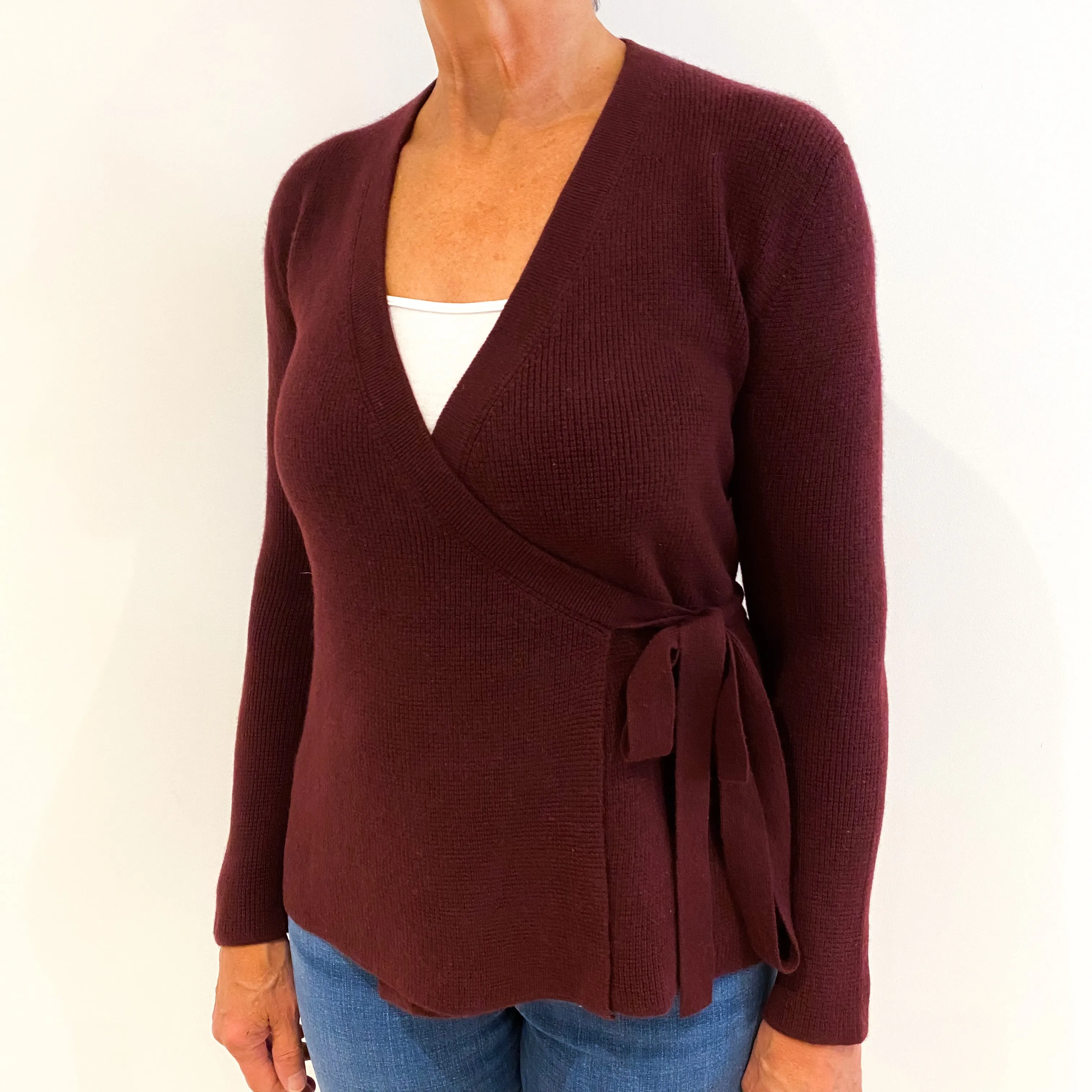 Burgundy Red Ribbed Cashmere Crossover Tie Up Cardigan Medium