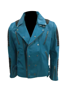 Cafe Racer Quilted Style Blue Leather Jacket | Mens Quilted Cafe Racer Leather Jacket