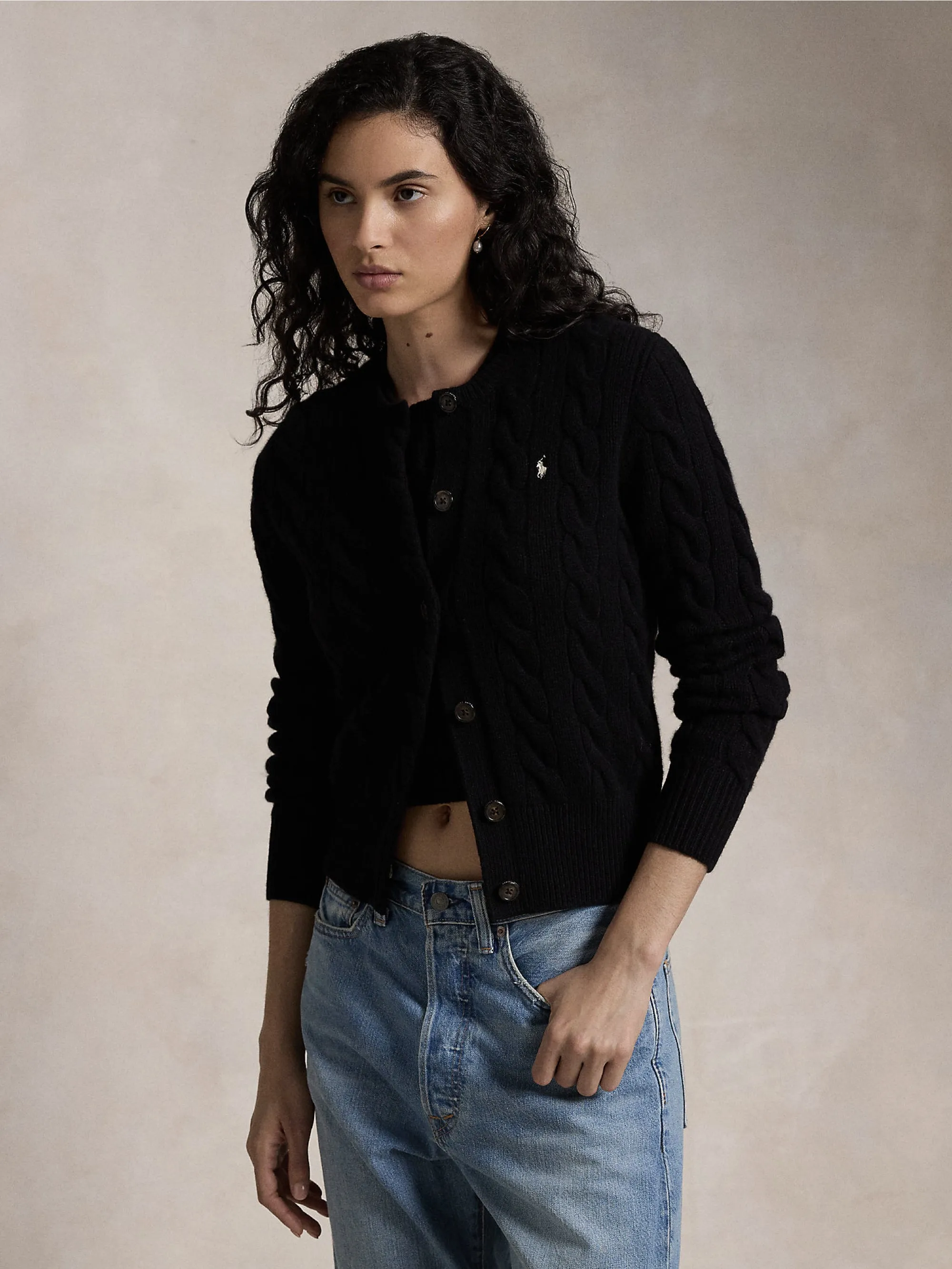 Cardigan a Trecce in Misto Cashmere Nero
