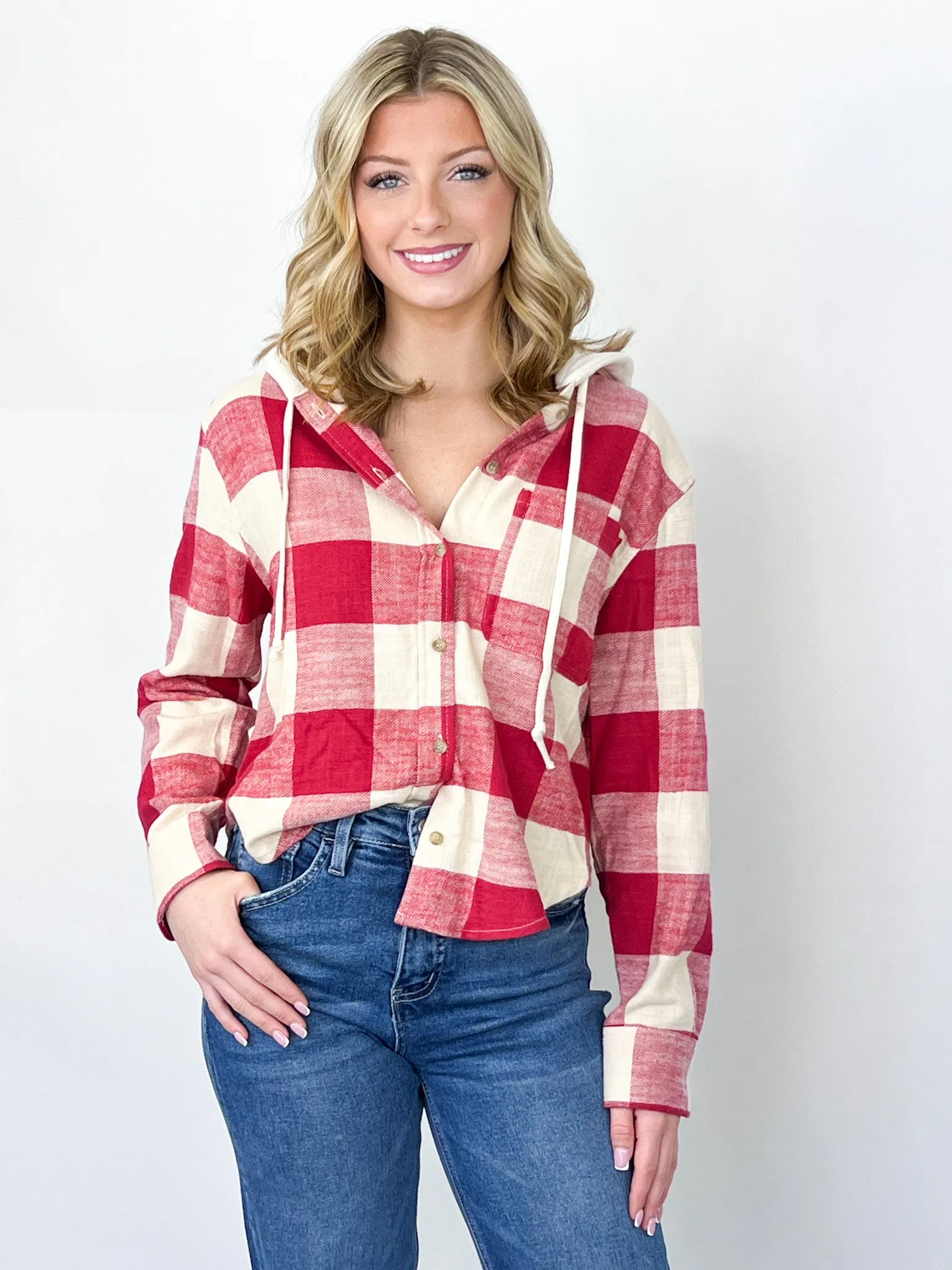 Christine - Checkered Hooded Shacket (Red)