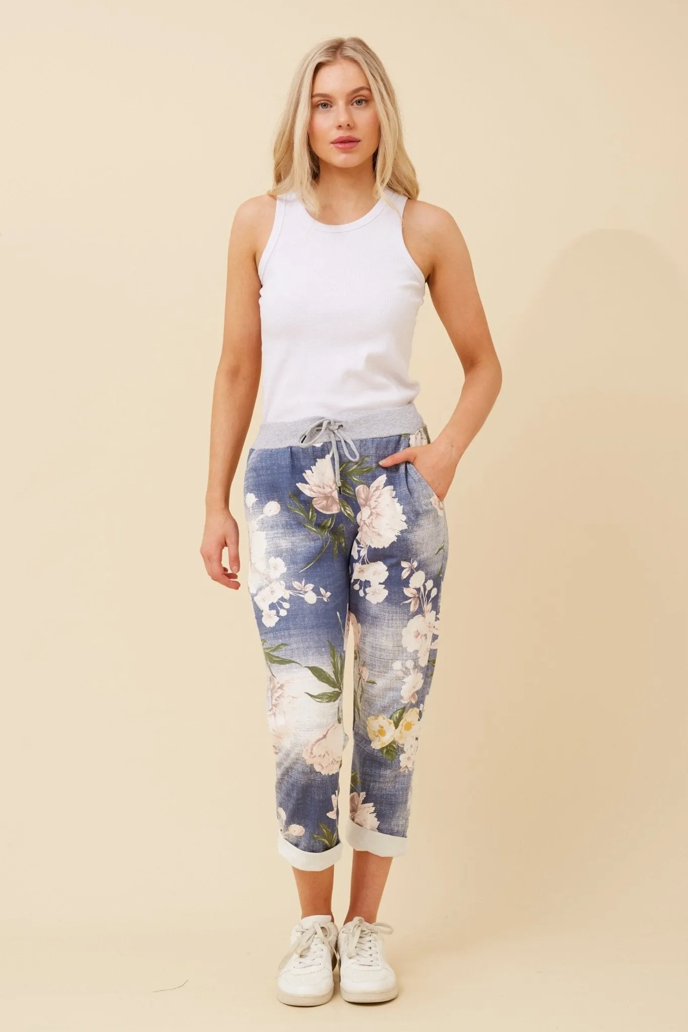 COTTON JERSEY WAIST JOGGER DARK DENIM FLORAL