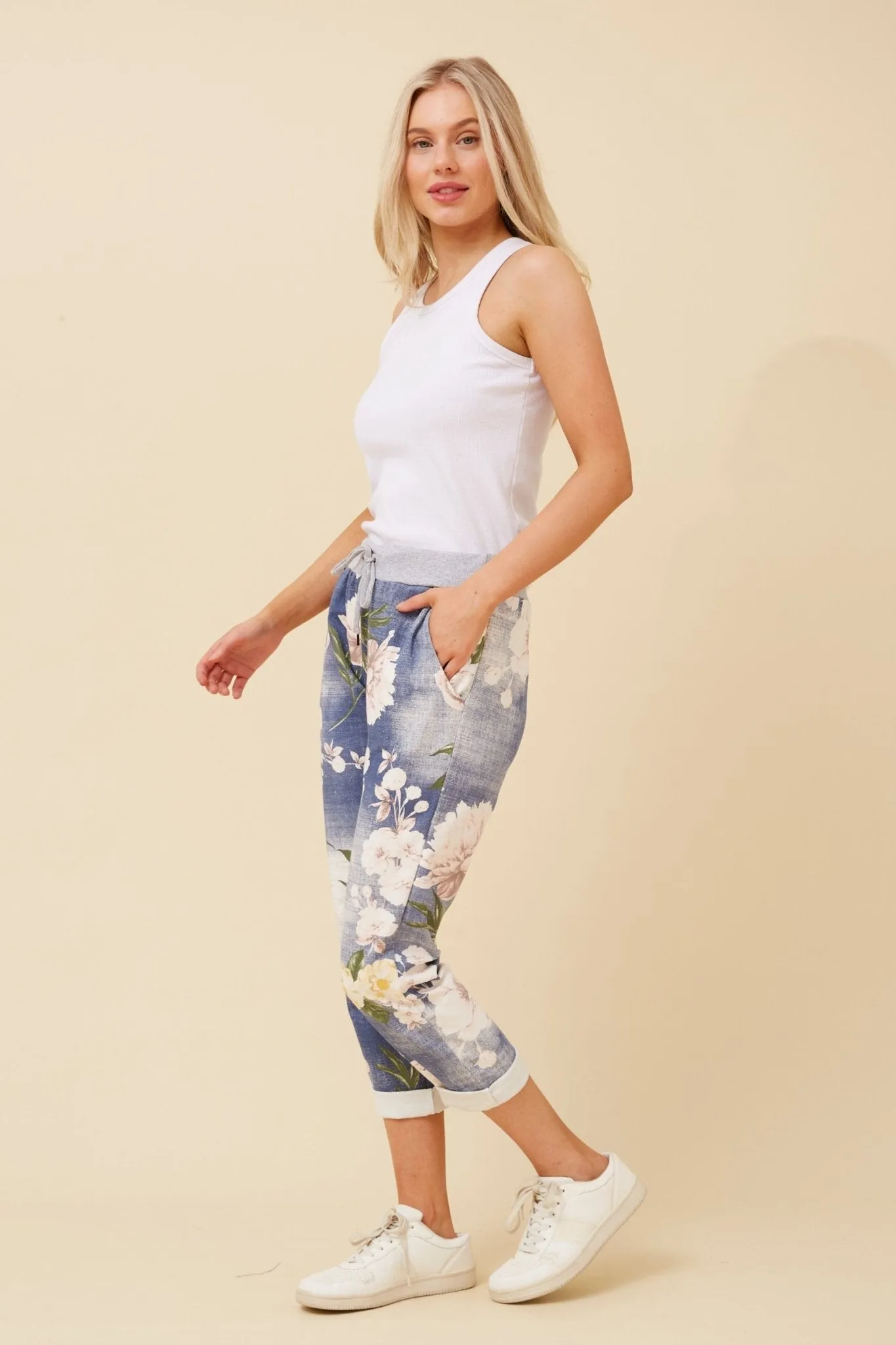 COTTON JERSEY WAIST JOGGER DARK DENIM FLORAL