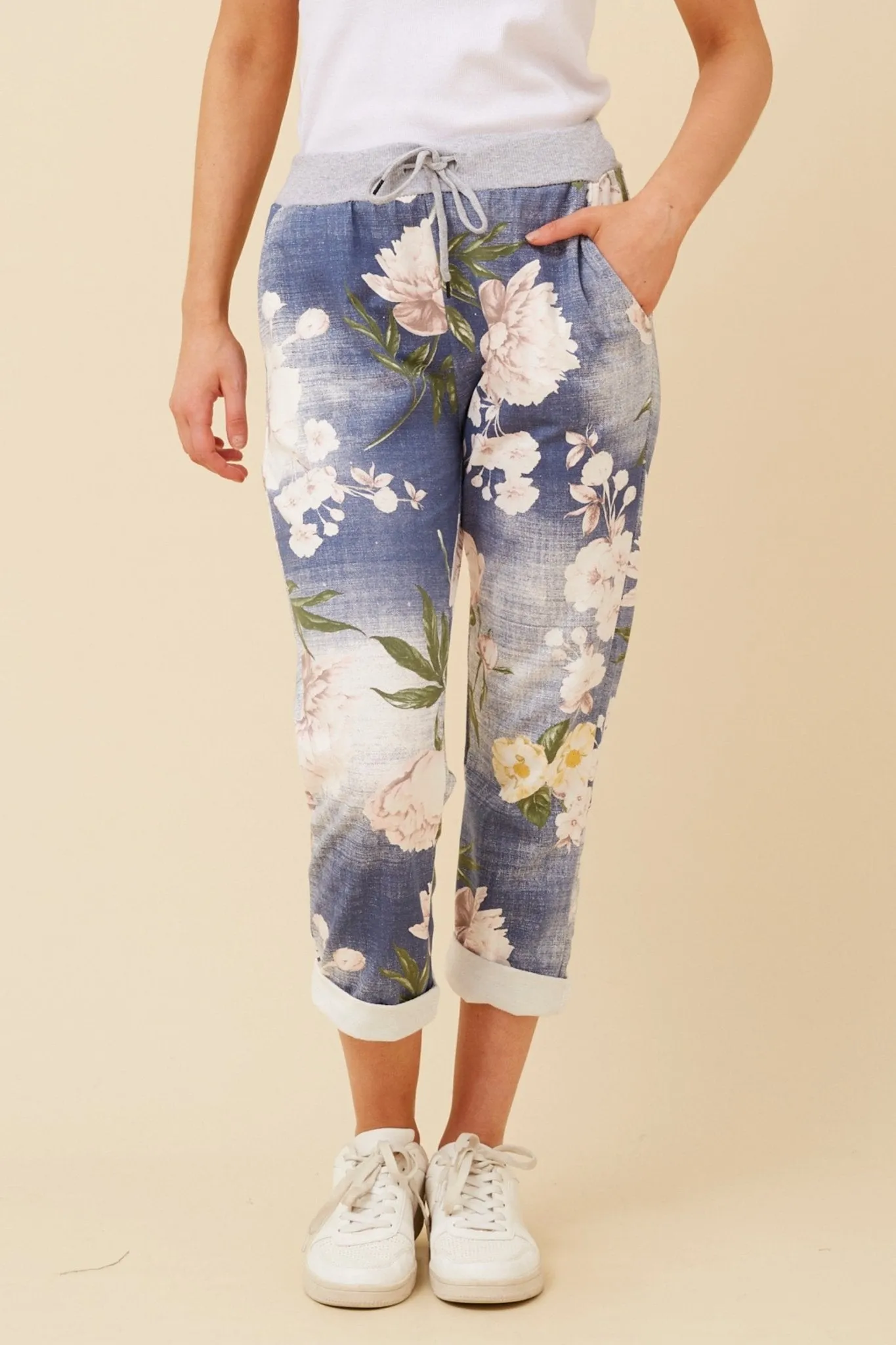 COTTON JERSEY WAIST JOGGER DARK DENIM FLORAL