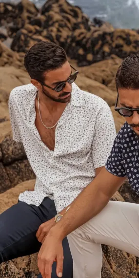 Donato White With Navy Floral Print Short Sleeve Button Up Shirt