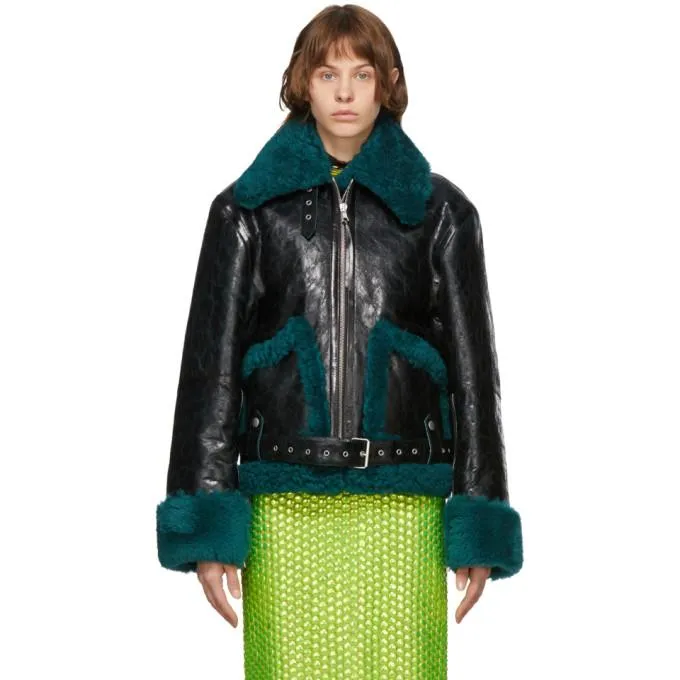 Dries Van Noten Black and Green Leather Sherpa Jacket