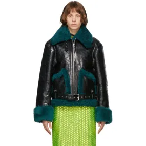 Dries Van Noten Black and Green Leather Sherpa Jacket