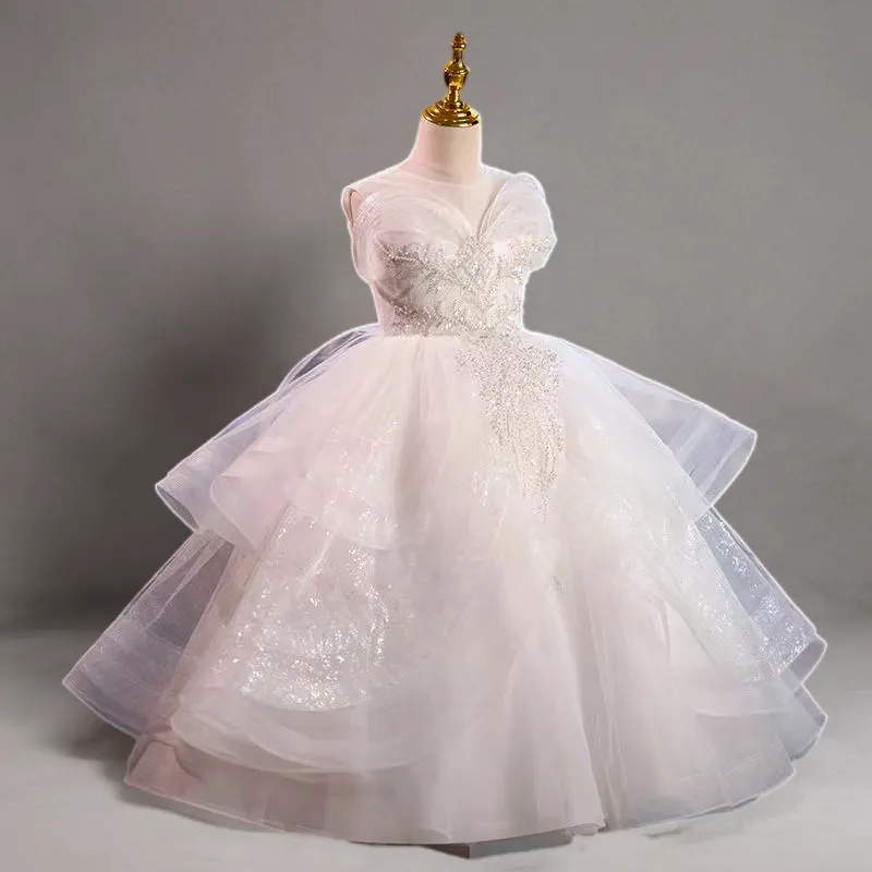 Fairy Ivory Lace Flower Girl Dress with Layered Tulle Skirt and Sweep Train - Plus Size