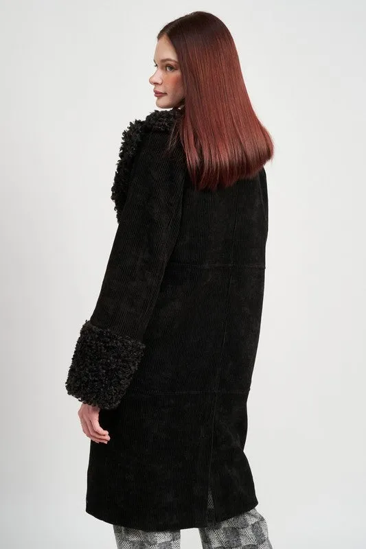 Faux Shearling Trim Corduroy Coat